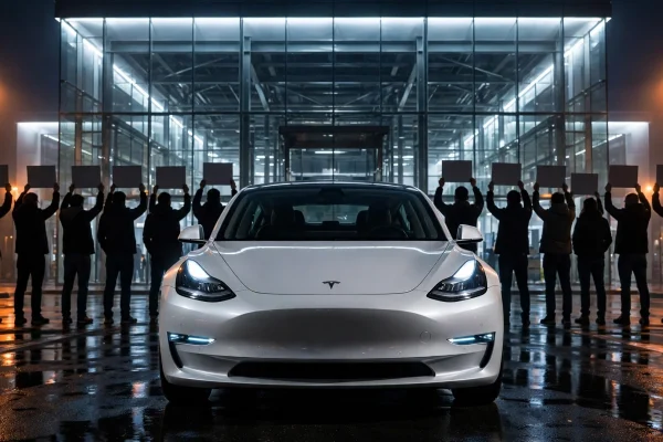 Tesla Model 3 blanco de frente ante el Service Center de Fuenlabrada, de noche, con propietarios protestando de espaldas.