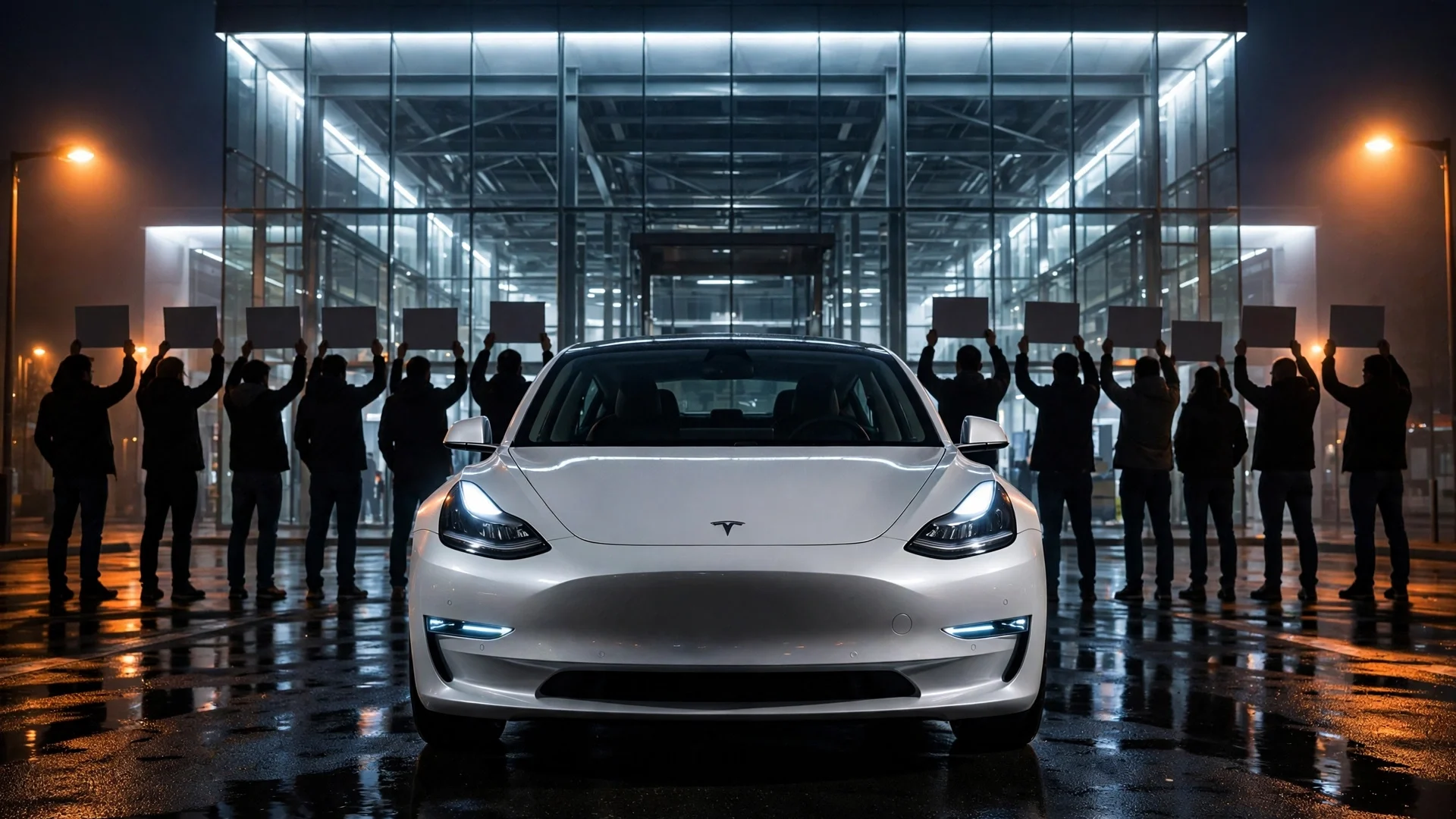 Tesla Model 3 blanco de frente ante el Service Center de Fuenlabrada, de noche, con propietarios protestando de espaldas.