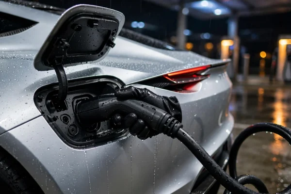 Detalle de unas manos conectando el cable de carga al puerto de un Tesla Roadster plateado de noche