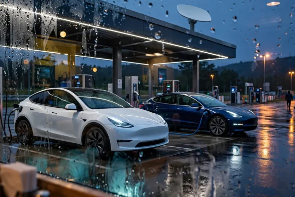 Dos Tesla Model Y y Model 3 cargan en un hub con antena Starlink al anochecer, vistos tras un cristal