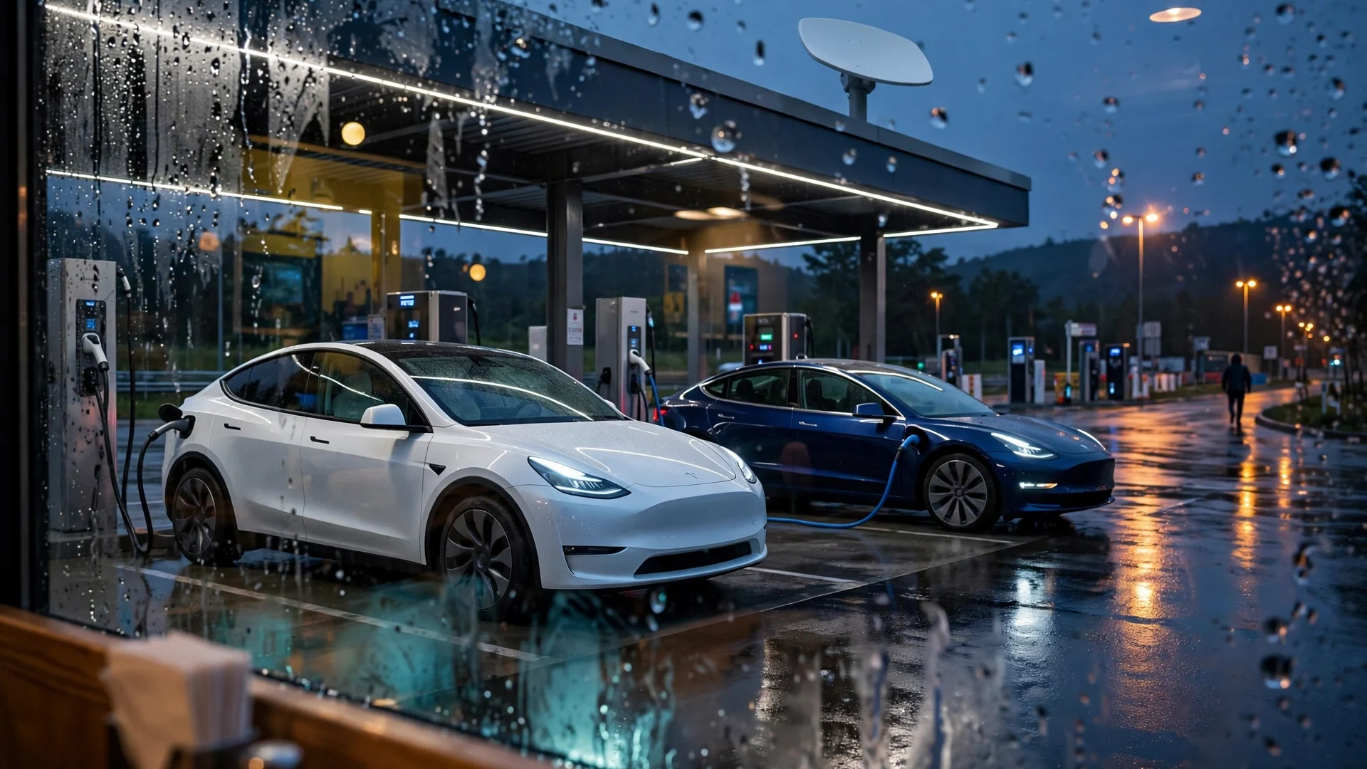 Dos Tesla Model Y y Model 3 cargan en un hub con antena Starlink al anochecer, vistos tras un cristal