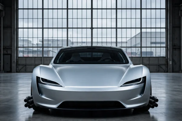 Vista frontal simétrica del Tesla Roadster en un hangar de hormigón, con toberas de propulsión y luz fría de ventanal