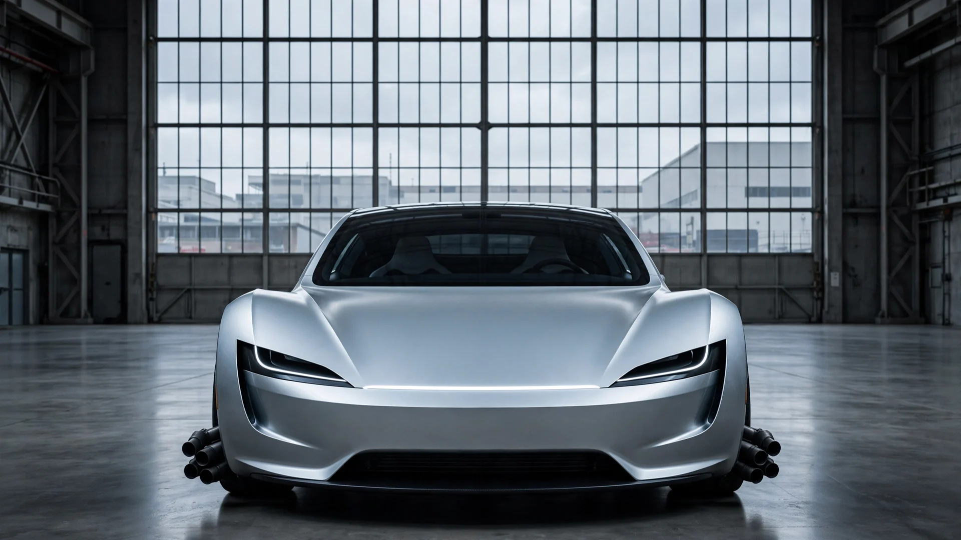 Vista frontal simétrica del Tesla Roadster en un hangar de hormigón, con toberas de propulsión y luz fría de ventanal