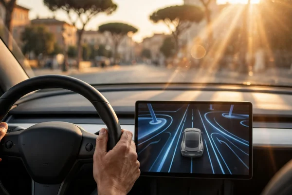 Manos sobre el volante de un Tesla Model Y con el FSD activado, luz dorada de atardecer