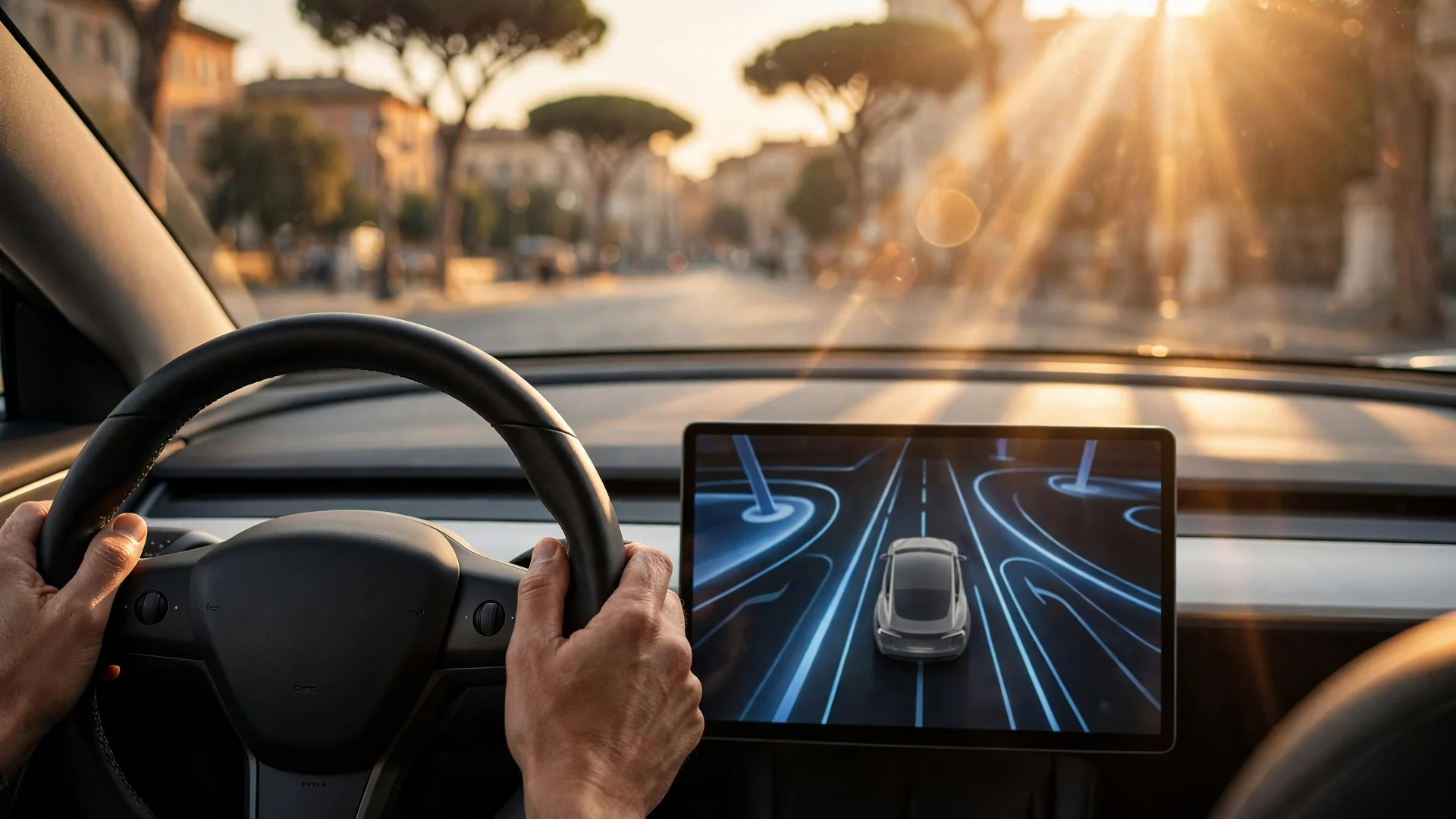 Manos sobre el volante de un Tesla Model Y con el FSD activado, luz dorada de atardecer
