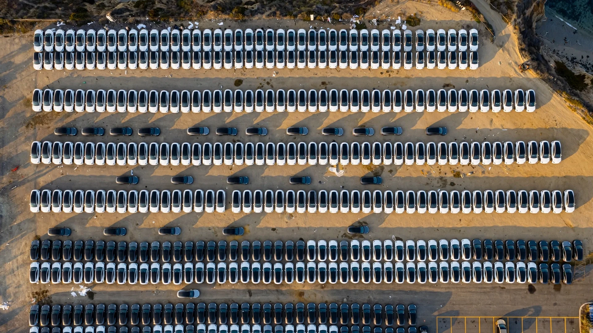 Vista cenital de una explanada portuaria al atardecer llena de filas de Tesla Model Y nuevos y un robotaxi aparte