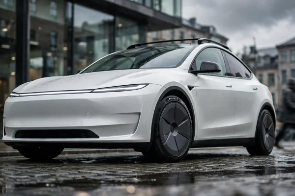 Tesla Model Y blanco aparcado en calle adoquinada europea, visto desde abajo con luz gris