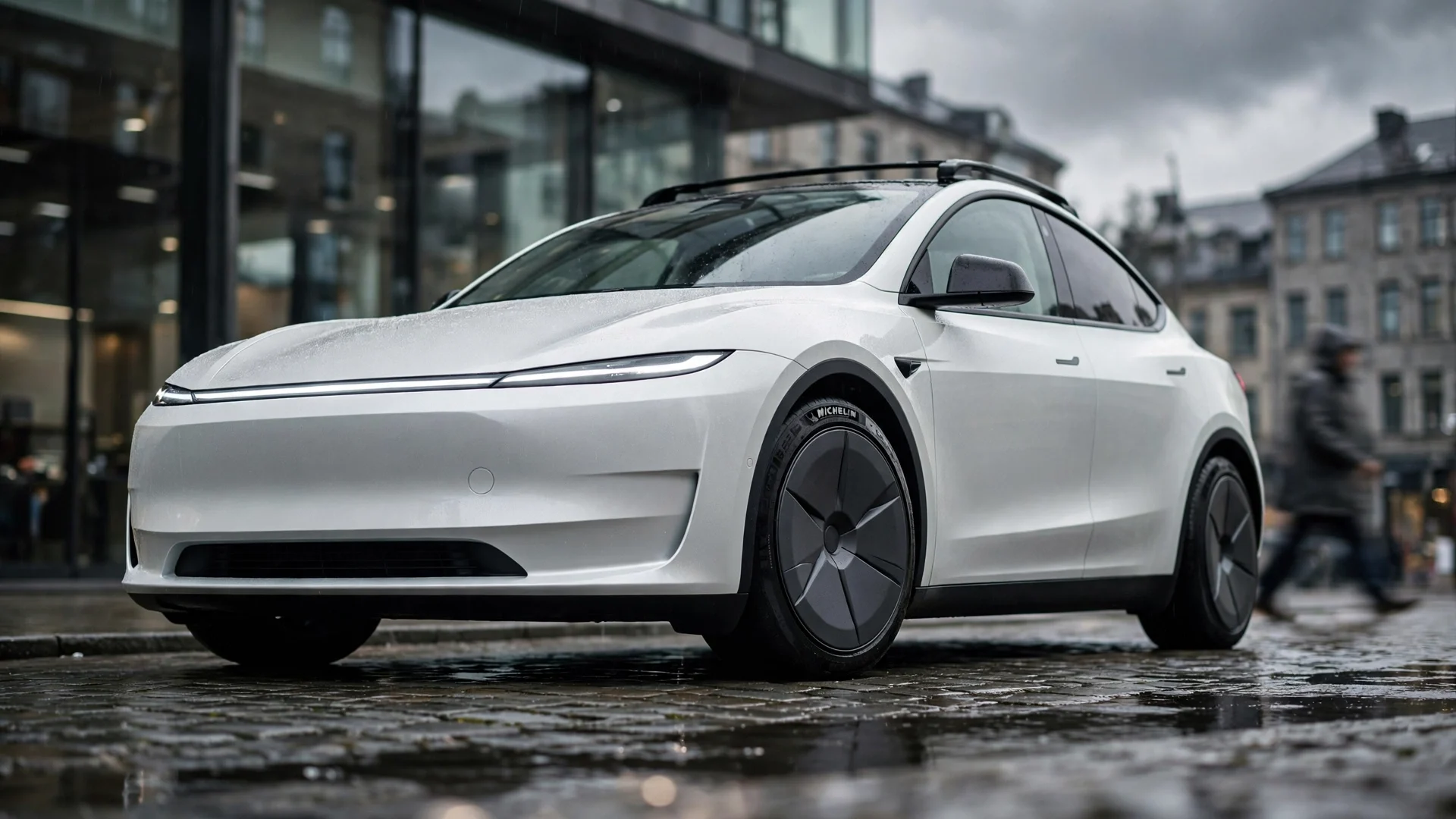 Tesla Model Y blanco aparcado en calle adoquinada europea, visto desde abajo con luz gris