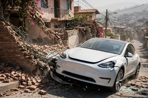 Un Tesla Model Y blanco empotrado en el muro de una casa en una calle con curva de Ciudad de México, a pleno sol