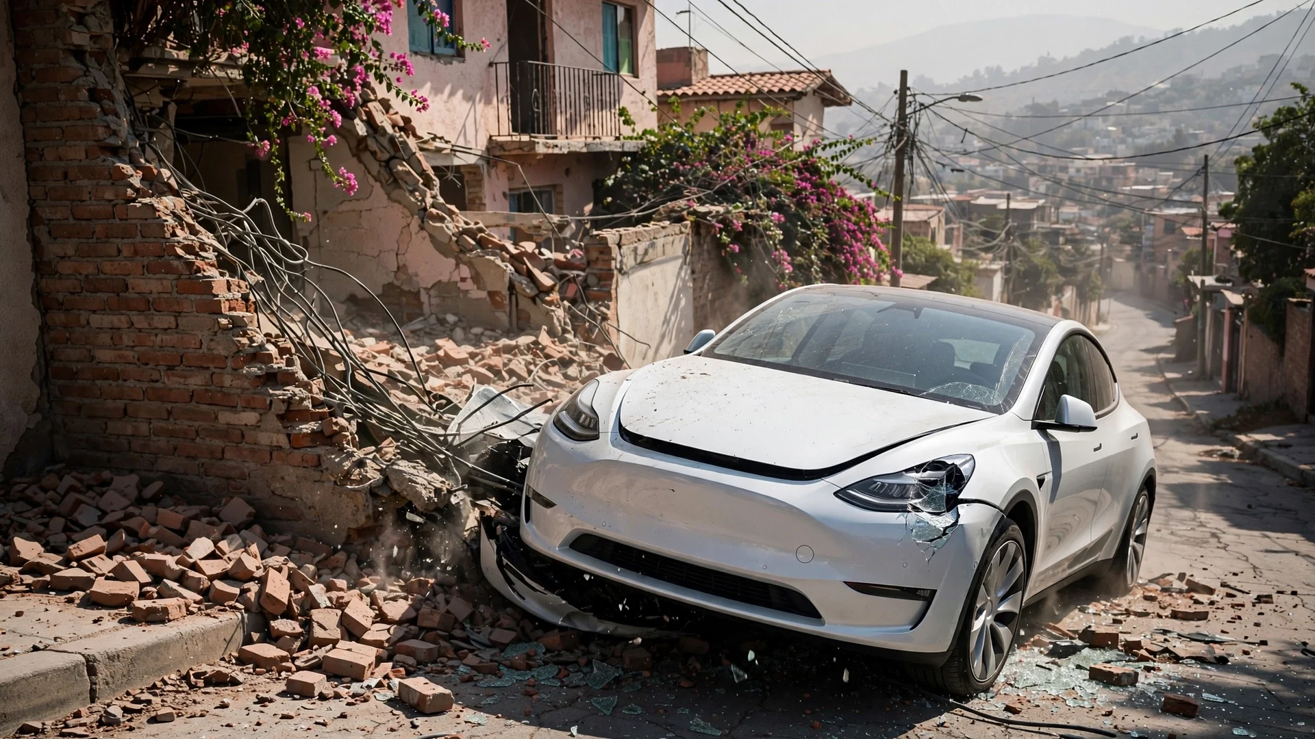 Un Tesla Model Y blanco empotrado en el muro de una casa en una calle con curva de Ciudad de México, a pleno sol